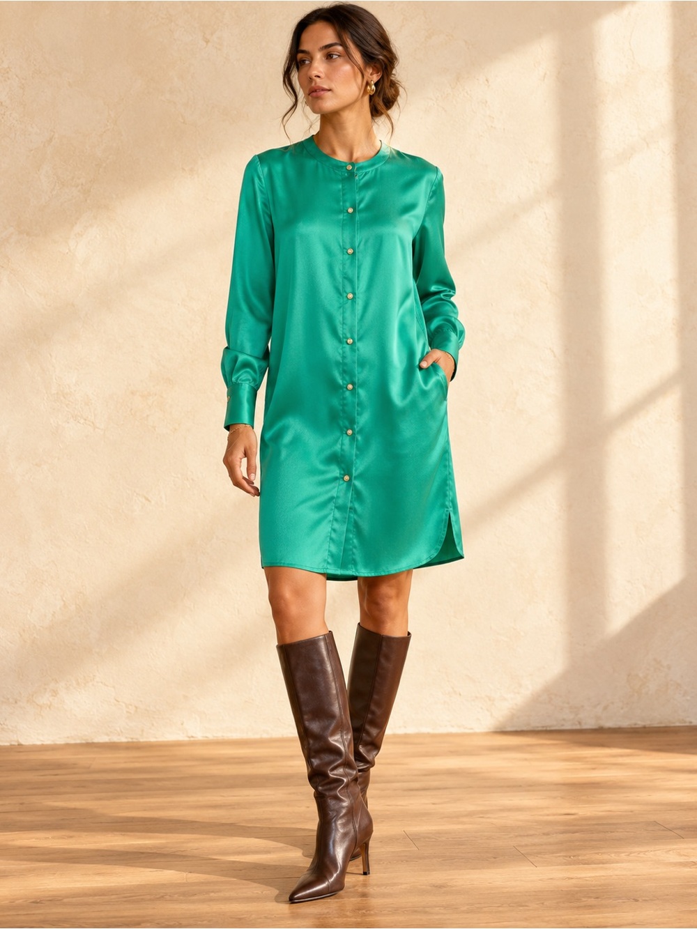 Marciano Satin Emerald Jewel Tone Collarless Shirt Dress Pockets Luxe Sz L